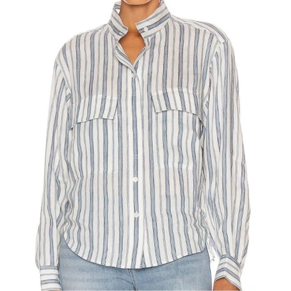 FRAME Clean Safari Striped Linen Blend Shirt Button Down Stand Collar Womens XS - Picture 15 of 15